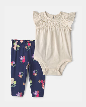B&eacute;b&eacute; fille - Ensemble 2 pi&egrave;ces cache-couche ajour&eacute; et pantalon, 