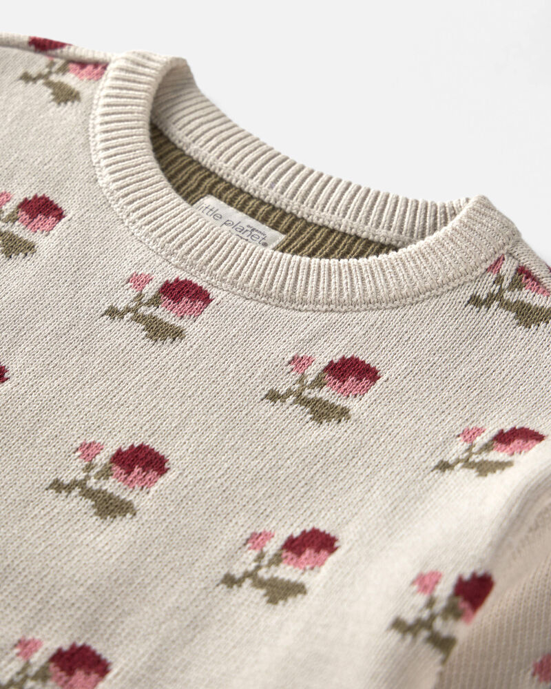 Girls Organic Cotton Sweater Knit Pullover in Floral Jacquard, image 3 of 4 slides