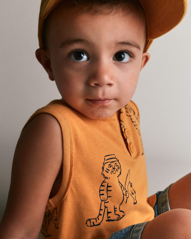 Toddler Boy Henley Tank in Fishing Tiger Print - Mustard Yellow, image 3 of 5 slides