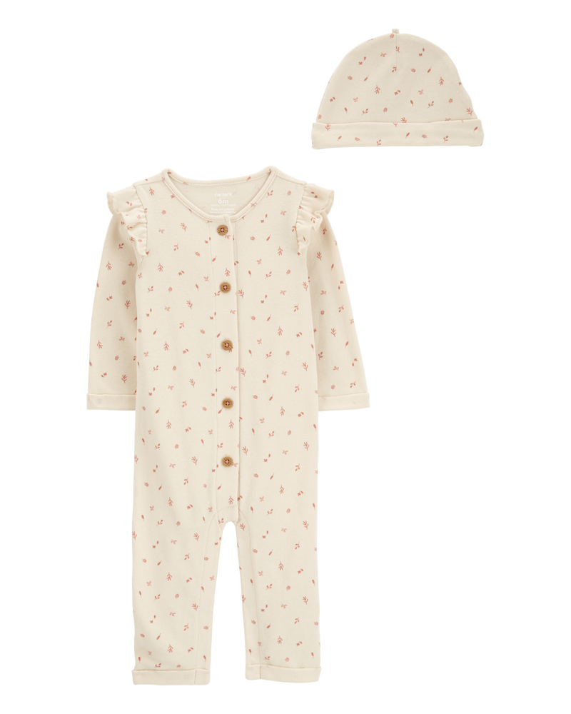 Baby 2-Piece  Button-Down Jumpsuit & Cap Set
, image 1 of 4 slides