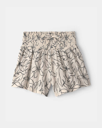Girls Floral Smocked Crinkle Shorts - Ivory, 