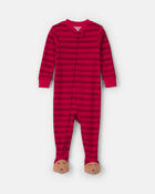 Toddler 1-Piece Striped Reindeer 100% Cotton Snug Fit Footed Pyjama - Red, image 1 of 5 slides