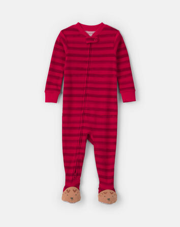 Toddler 1-Piece Striped Reindeer 100% Cotton Snug Fit Footed Pyjama - Red, 