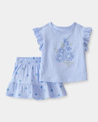 B&eacute;b&eacute; fille - Ensemble 2 pi&egrave;ces haut et jupe-short &agrave; fleurs - Bleu, image 1 sur 5 diapositives
