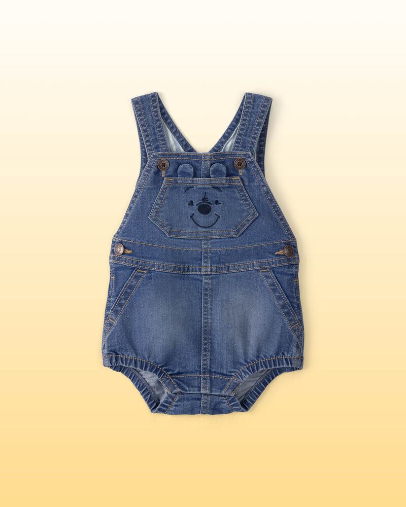 Baby Disney&copy; Winnie the Pooh Embroidered Stretch Denim Bubble Romper - Medium Wash, image 1 of 7 slides
