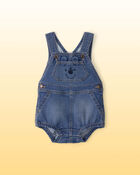 Baby Disney&copy; Winnie the Pooh Embroidered Stretch Denim Bubble Romper - Medium Wash, image 1 of 7 slides