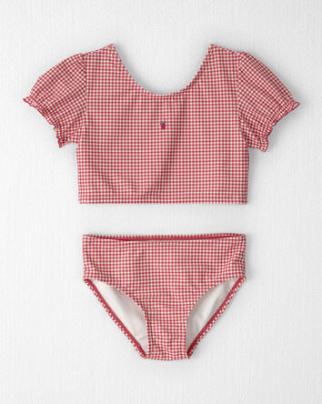 Filles - Maillot 2 pi&egrave;ces en mat&eacute;riaux recycl&eacute;s, guingan rouge, 