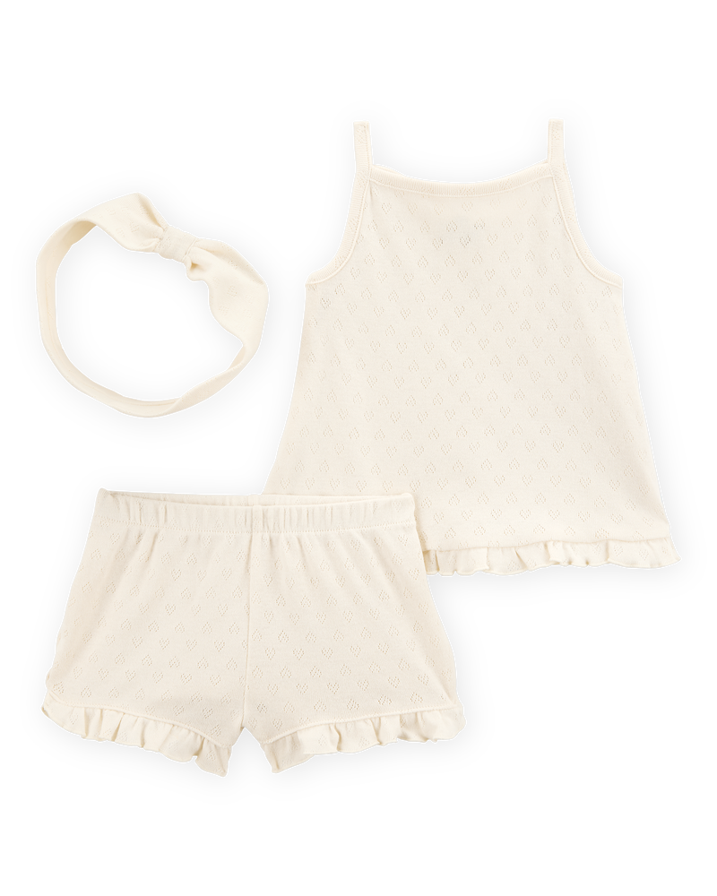 Baby Girl 3-Piece Pointelle Heart Outfit Set - Cream, image 1 of 3 slides