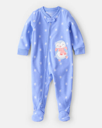 Toddler Girl Penguin Fleece Long-Sleeve Loose Fit 1-Piece Pyjamas - Blue, 