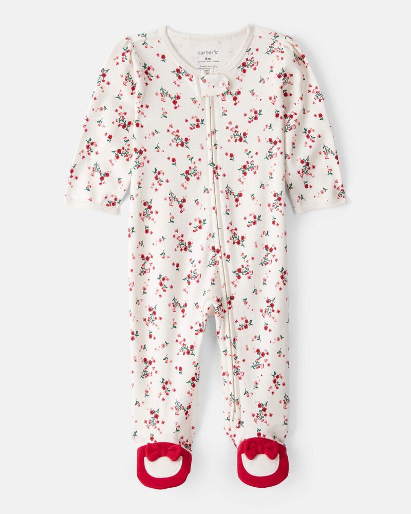 Baby Girl Bow Floral Print 100% Cotton Sleeper - White/Red, image 1 of 5 slides