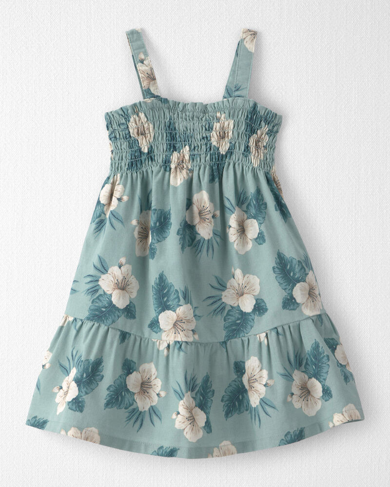 Tout-petit fille - Robe &agrave; smocks en lin avec coton biologique &agrave; motif hibiscus - Bleu, image 1 sur 4 diapositives