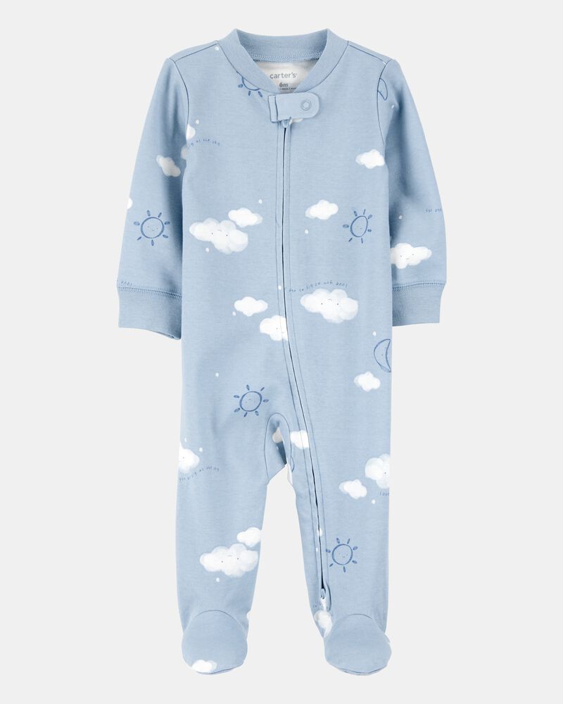 Baby Boy Cloud Print 2-Way Zip Cotton Sleeper, image 1 of 3 slides
