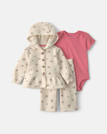 B&eacute;b&eacute; fille - Ensemble 3 pi&egrave;ces &agrave; superposer en molleton &agrave; motif floral - Cr&egrave;me/Corail, 