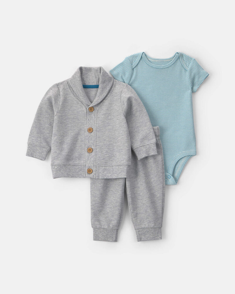 B&eacute;b&eacute; gar&ccedil;on - Ensemble 3 pi&egrave;ces &agrave; superposer en jersey bouclette &ndash; Gris/Bleu, image 1 sur 4 diapositives