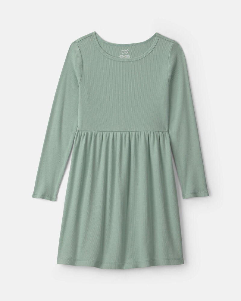 Girls Rib Long-Sleeve Dress - Green, image 1 of 4 slides