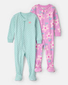B&eacute;b&eacute; fille - Emballage 2 pyjamas 1 pi&egrave;ce ajust&eacute;s en 100 % coton, papillons et fleurs - Rose, image 1 sur 4 diapositives