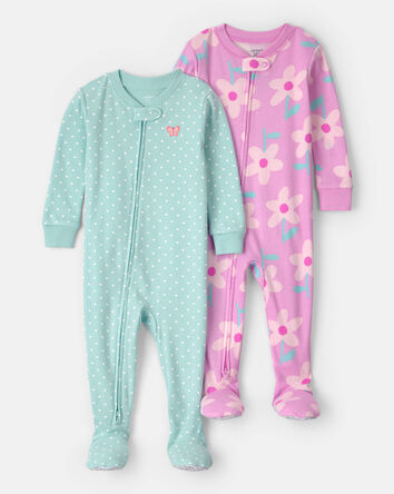 B&eacute;b&eacute; fille - Emballage 2 pyjamas 1 pi&egrave;ce ajust&eacute;s en 100 % coton, papillons et fleurs - Rose, 