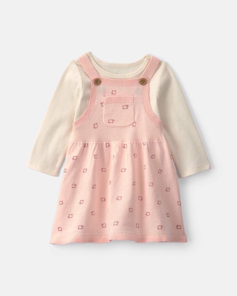 Baby Girl 2-Piece Sheep Long-Sleeve Dress Set - Pink/Cream, image 1 of 6 slides