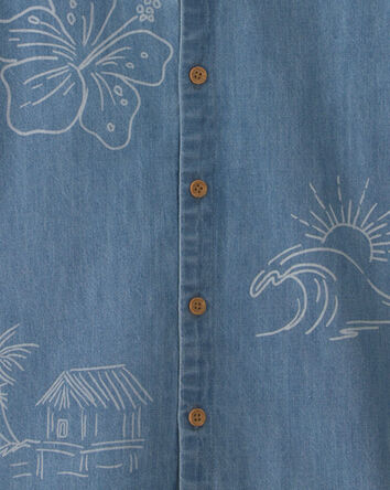 Boys Tropical Denim Short-Sleeve Button-Down Shirt - Medium Wash, 