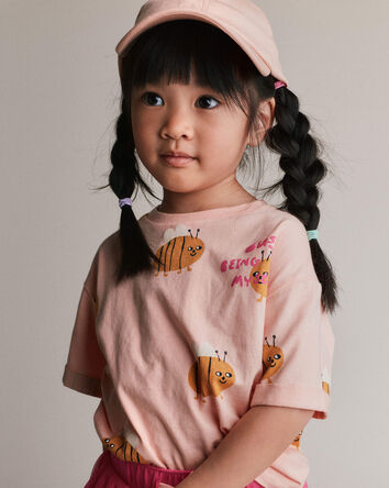 Toddler Girl Rolled Cuff Tee in Bee Print - Light Pink, 