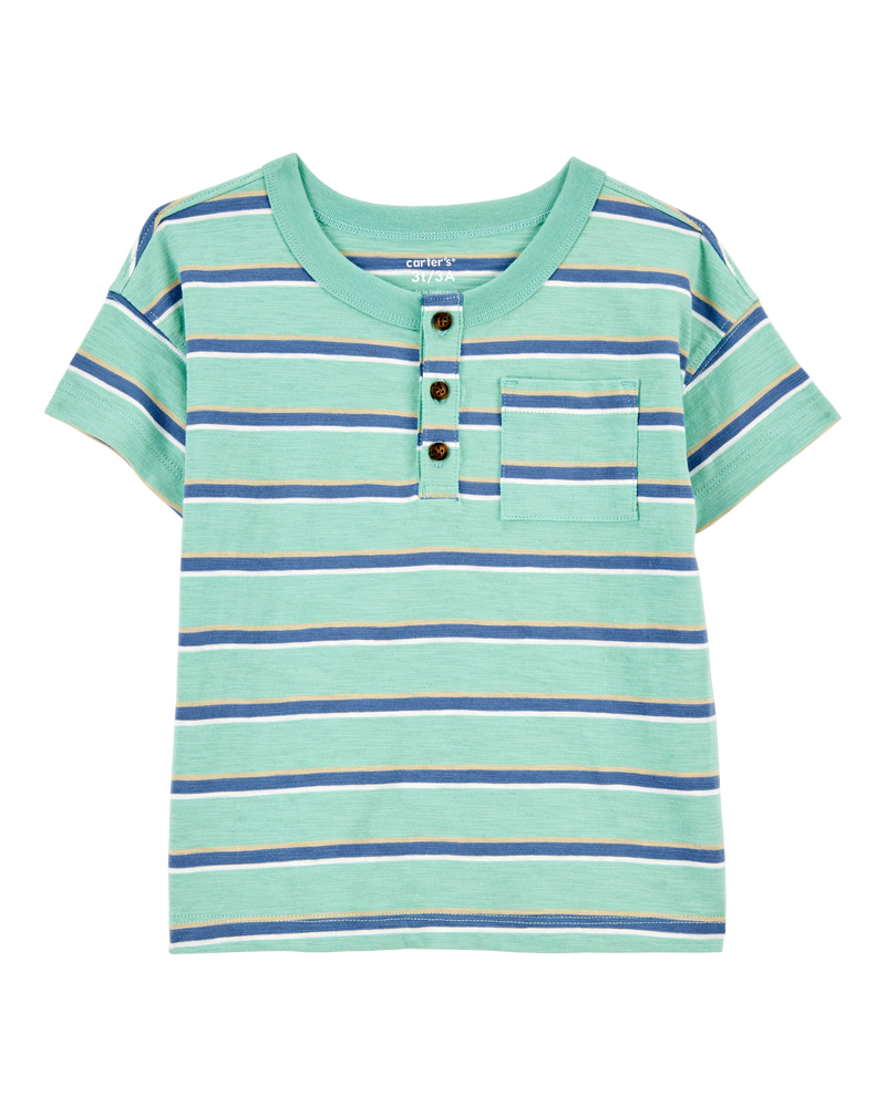 Baby Striped Cotton Blend Short-Sleeve Henley - Green, image 1 of 3 slides