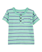 Baby Striped Cotton Blend Short-Sleeve Henley - Green, image 1 of 3 slides