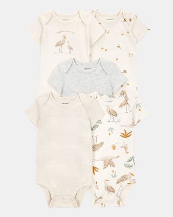 Baby 5-Pack Striped Birds Short-Sleeve Cotton Bodysuits, 
