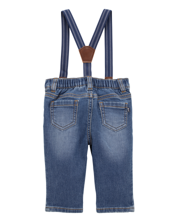 Baby Knit-Denim Suspender Pants, 