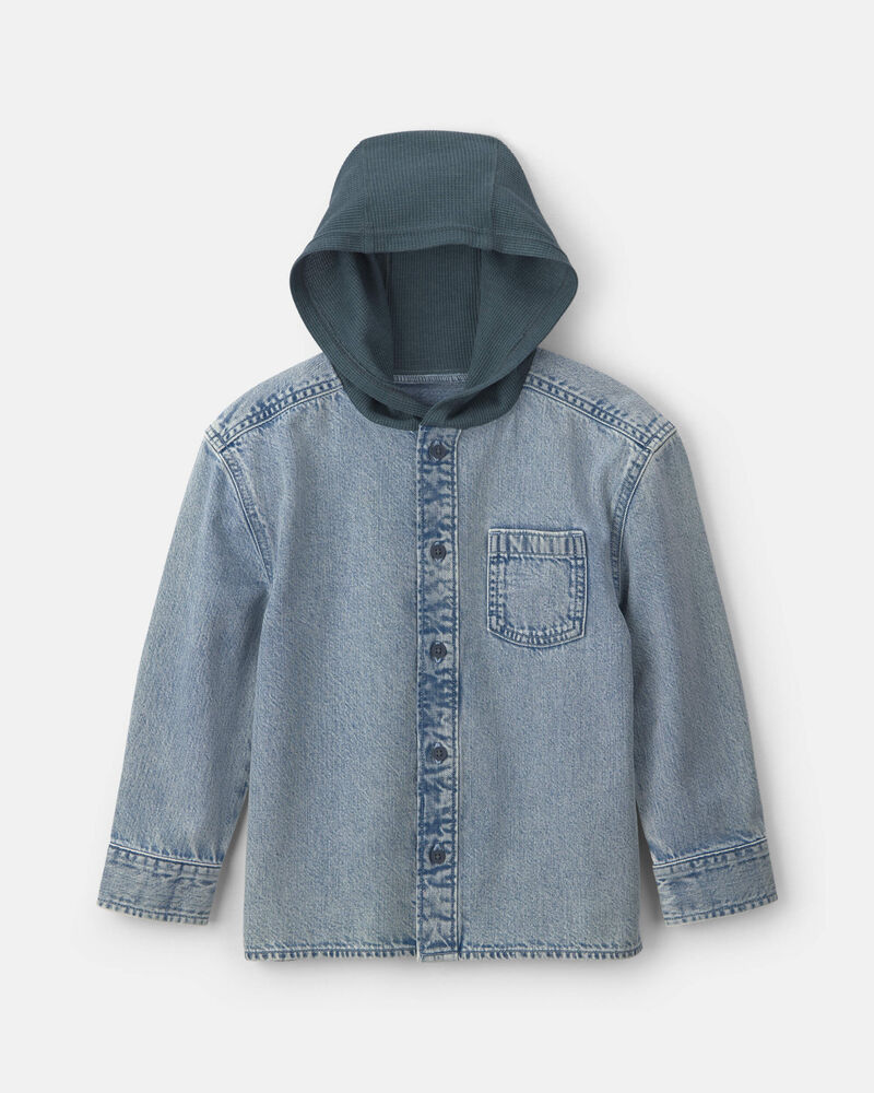 Boys Denim Hooded Button-Down Shirt - Indigo, image 1 of 3 slides