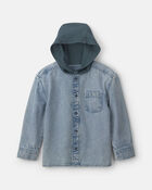 Boys Denim Hooded Button-Down Shirt - Indigo, image 1 of 3 slides