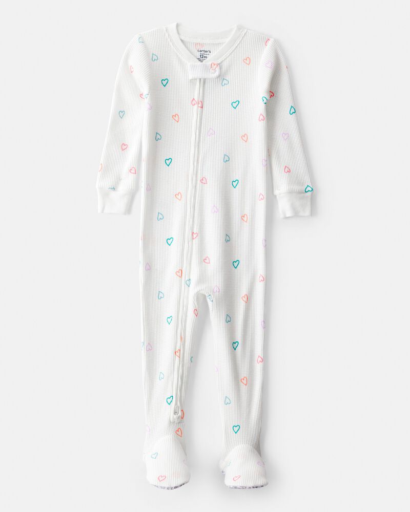 Toddler Girl Heart Cotton Snug Fit Footie 1-Piece Pyjamas - White, image 1 of 3 slides
