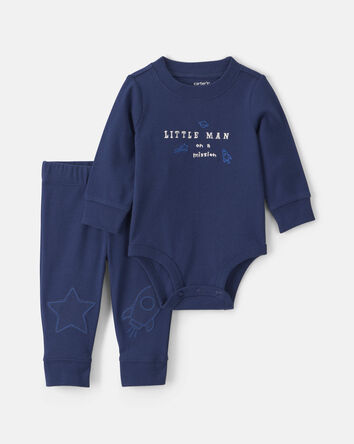 Baby Boy 2-Piece 'Little Man On a Mission' Space Long-Sleeve Bodysuit & Pant Set - Navy Blue, 