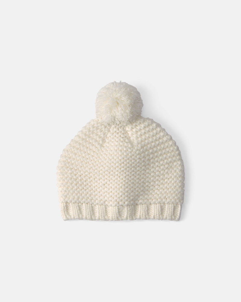 Baby Girl Pom Knit Beanie - White, image 1 of 2 slides