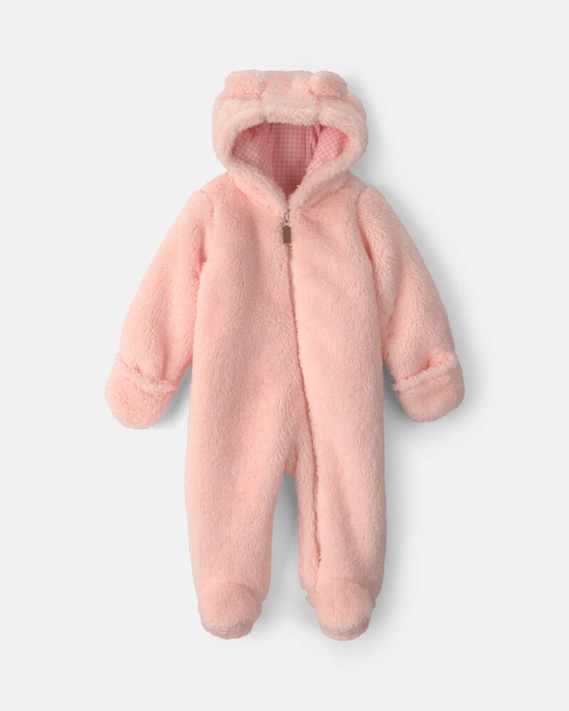 Baby Girl Bear Teddy Fleece Long-Sleeve Jumpsuit - Pink, image 1 of 5 slides