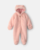 Baby Girl Bear Teddy Fleece Long-Sleeve Jumpsuit - Pink, image 1 of 5 slides