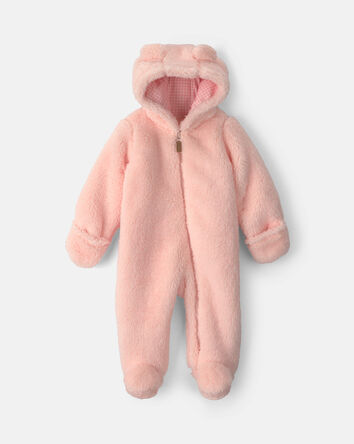 Baby Girl Bear Teddy Fleece Long-Sleeve Jumpsuit - Pink, 