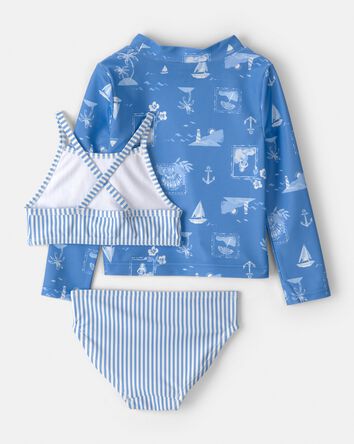 Toddler Girl 3-Piece Sailboat Long-Sleeve Rashguard Swimsuit Set - Blue, 