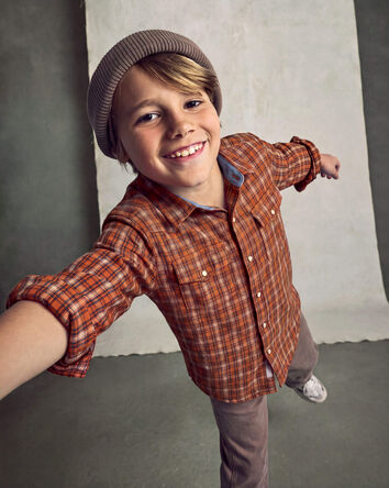 Boys Plaid Long-Sleeve Button-Down Shirt - Orange, 
