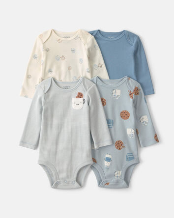Baby Boy 4-Pack Milk & Cookies Long-Sleeve Multipack Bodysuits, 