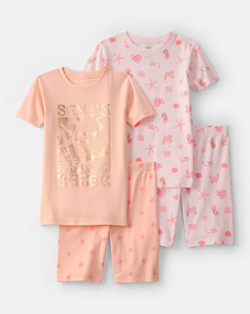 Filles - Ensemble 4 pi&egrave;ces de pyjamas ajust&eacute;s &agrave; manches courtes en 100 % coton, coquillage - Rose/Orange, 
