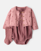 Baby Girl 3-Piece Acorn Print Short-Sleeve Dress Set - Pink, image 1 of 6 slides