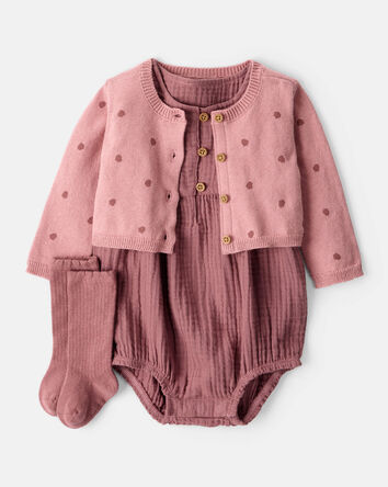 Bébé fille - Ensemble 3 pièces robe à manches courtes avec imprimé de gland - Rose, 