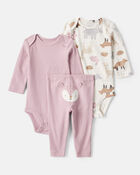 Baby Girl 3-Piece Woodland Creatures Long-Sleeve Bodysuits & Pant Set - Pink/White, image 1 of 5 slides