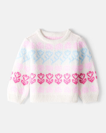 Baby Girl Floral Fairisle Sweater- Pink/White, 