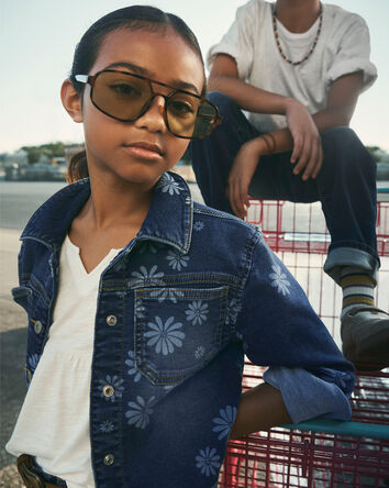 Filles - Blouson en denim d&eacute;lav&eacute; fonc&eacute; &agrave; motif floral - Bleu, 