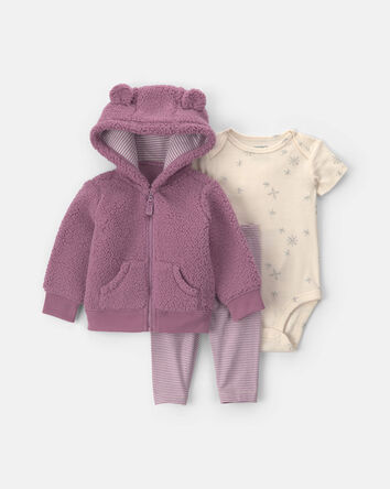 B&eacute;b&eacute; fille - Ensemble 3 pi&egrave;ces &agrave; superposer en molleton teddy &agrave; motif ourson &ndash; Mauve, 