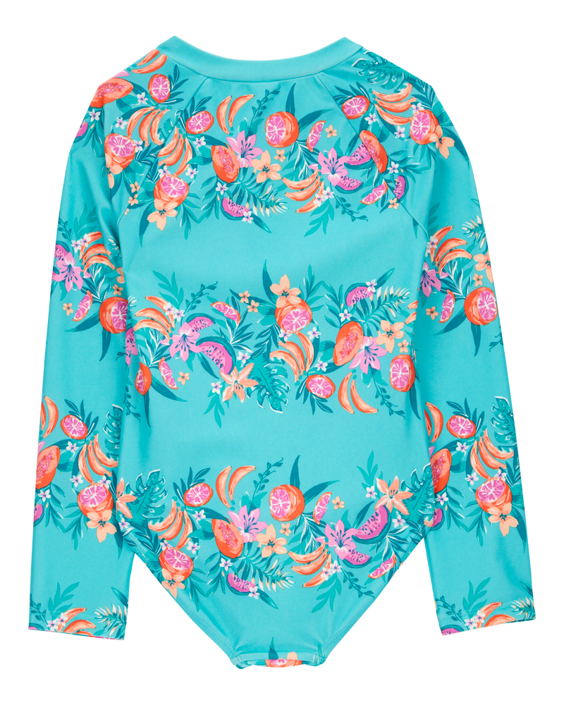 Kid 1-Piece Floral Print Rashguard Swimsuit-Turquoise, image 2 of 4 slides