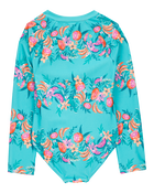 Kid 1-Piece Floral Print Rashguard Swimsuit-Turquoise, image 2 of 4 slides