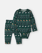 B&eacute;b&eacute; - Ensemble 2 pi&egrave;ces PurelySoft cache-couche manches longues et pantalon &agrave; motif jacquard - Vert, image 1 sur 4 diapositives