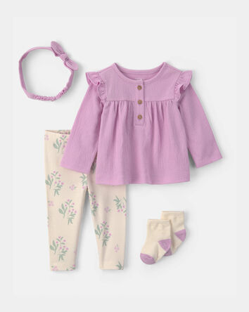 Baby Girl 4-Piece Long-Sleeve Top & Pant Set - Purple, 